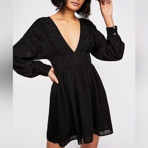 Free People Sugarpie Black Long Sleeve Boho Mini Dress